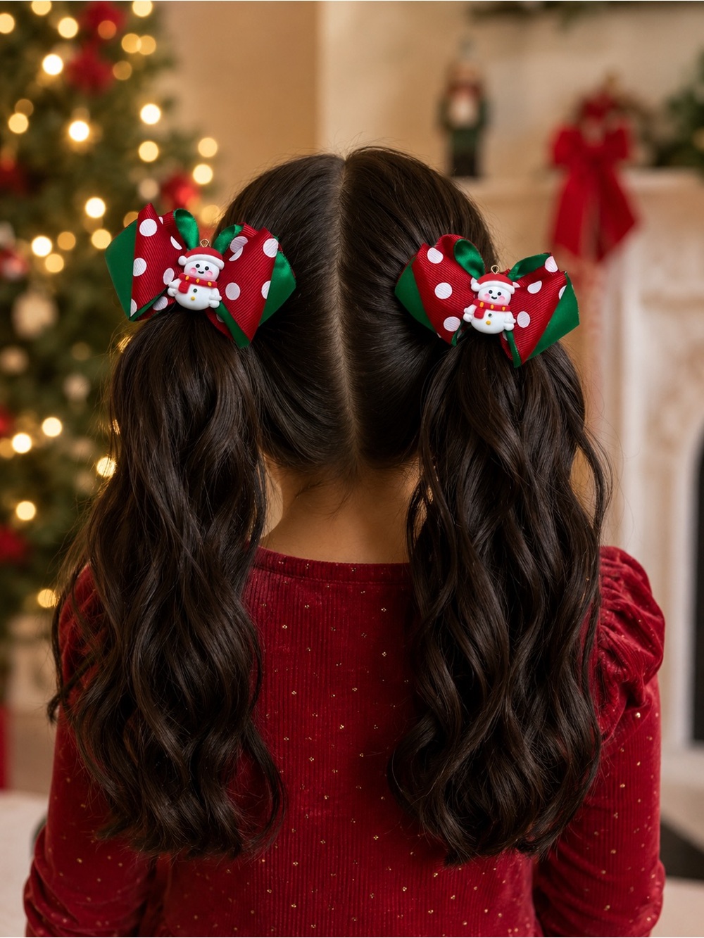 Holiday Red & Green Polka Dot Snowman Hair Bows